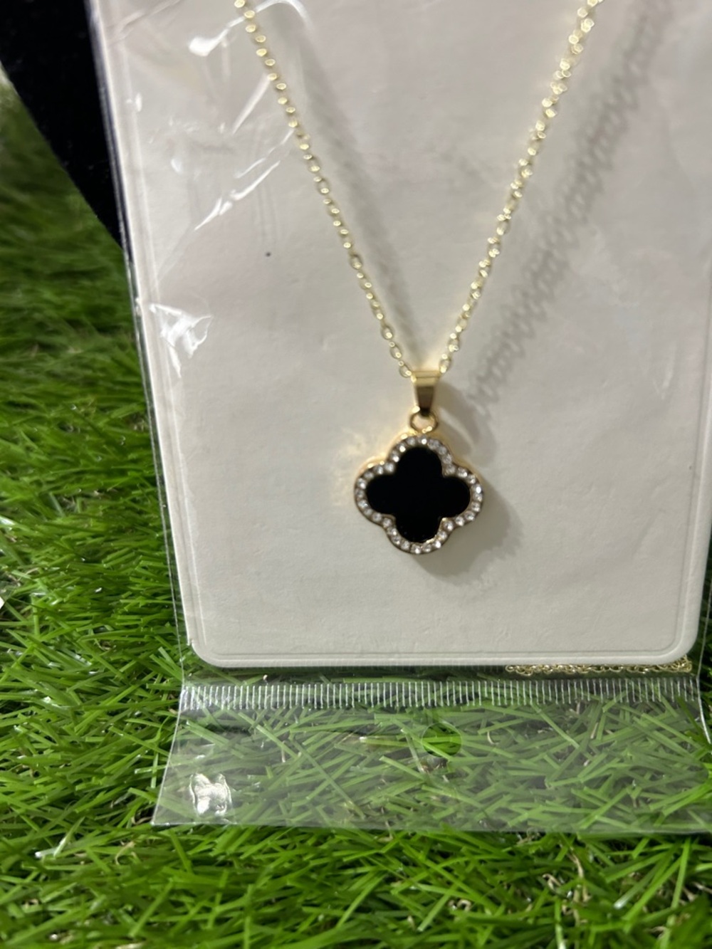 Gold-Tone Stainless Steel Necklace with Black Clover Pendant - Picture 3 of 4